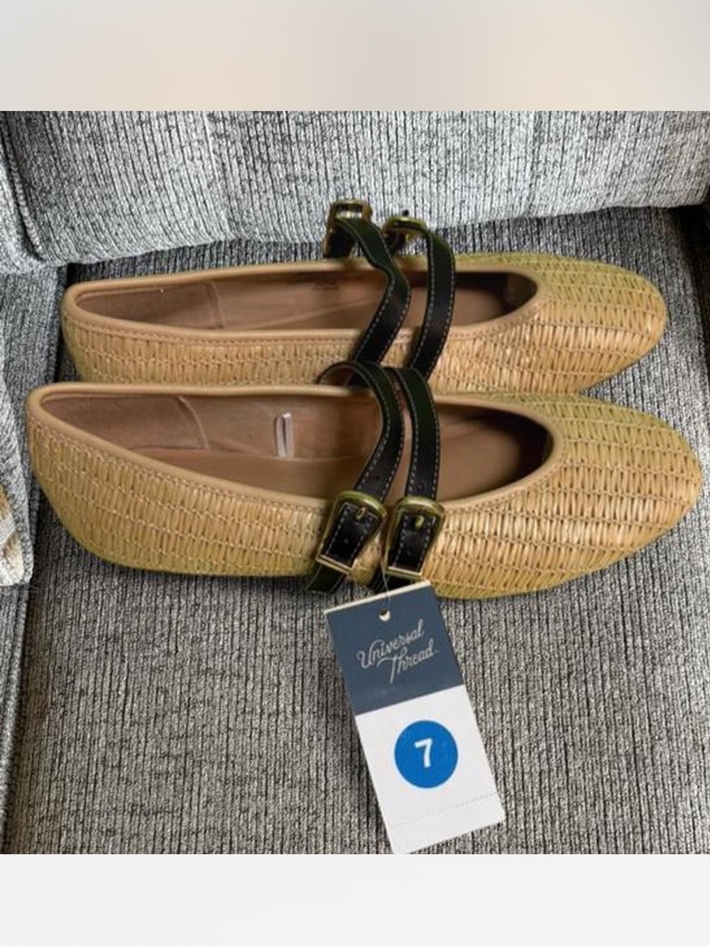 Universal Thread Woven Tan Mary Jane Flats with Black Straps